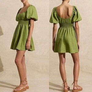 NEW Peony Linen Green Puff Sleeve Smocked Elastic Waist Mini Dress Size: XS